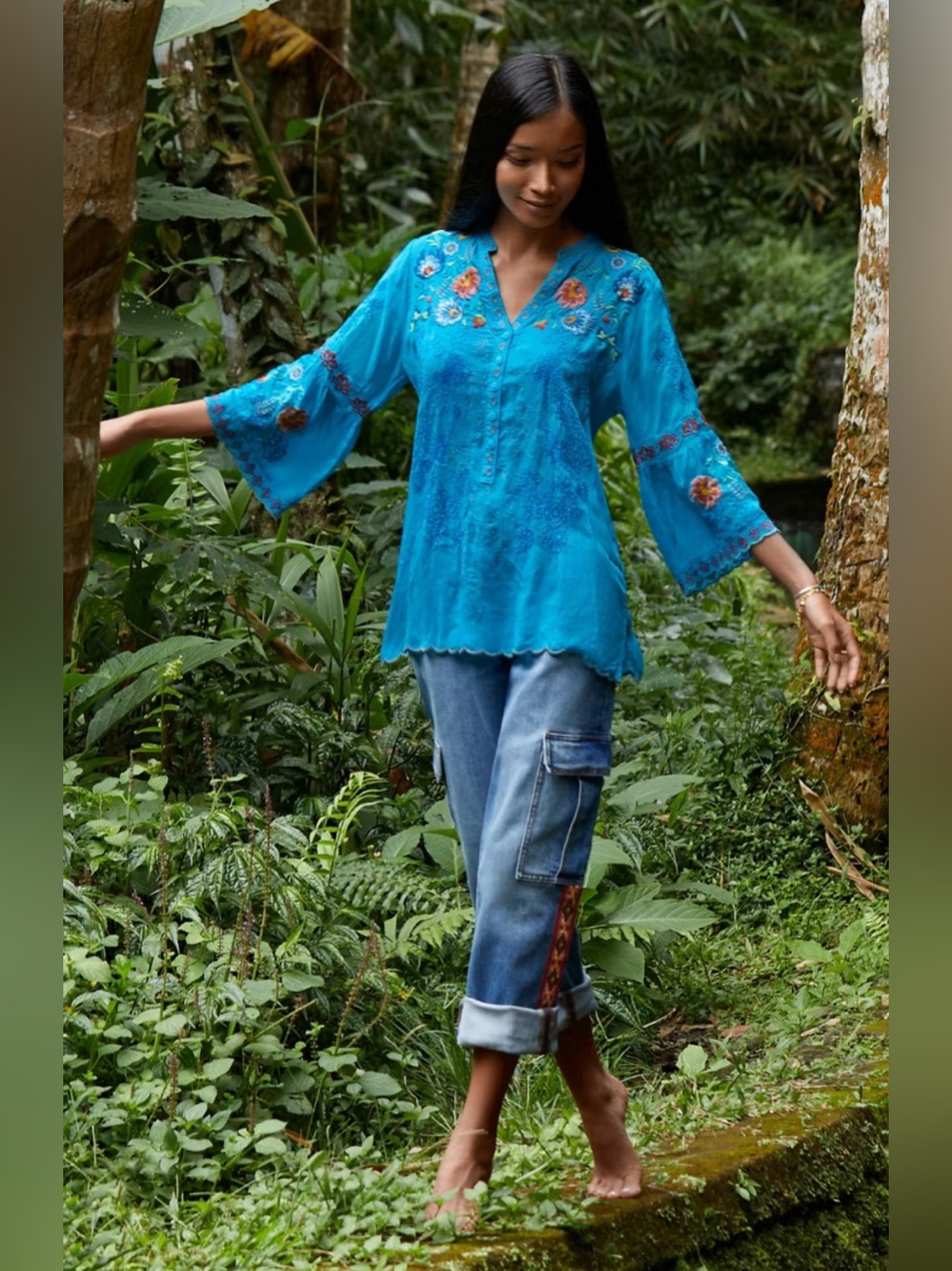 Johnny Was Maverick Turquoise Boho Embroidered Floral V-Neck Blouse Tunic XS